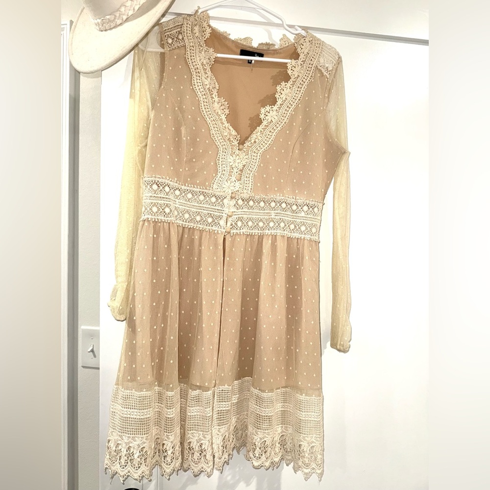 Elegant Lace Trimmed Beige Dress